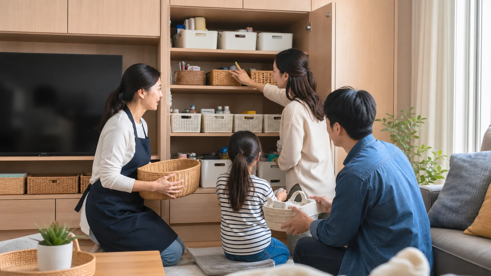 생활용품을 차분히 분류하는 쓰레기 집 청소 현장